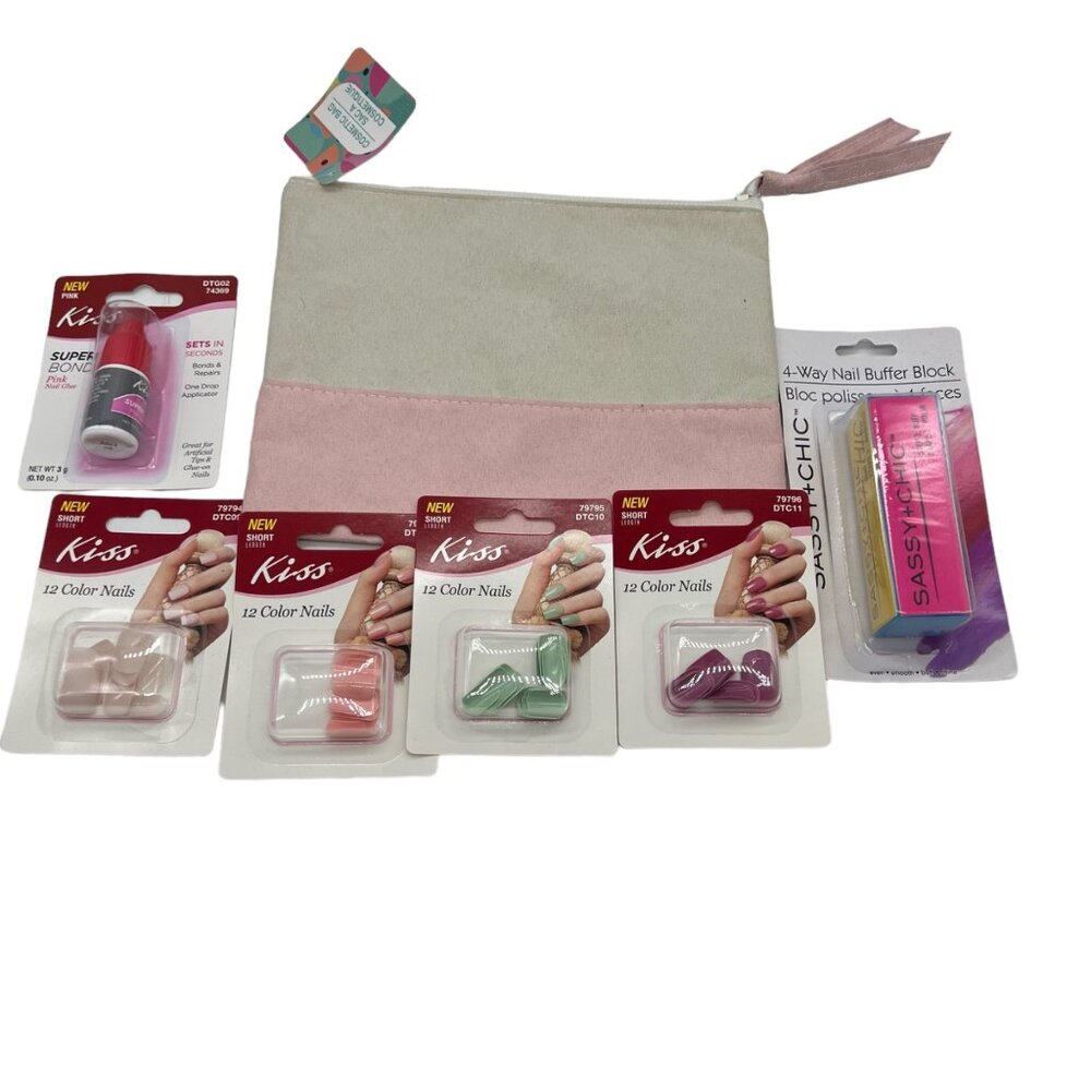 Kiss Glue on Nails Cosmetic Bag Cream Pink Nail File Lot of 7 NEW